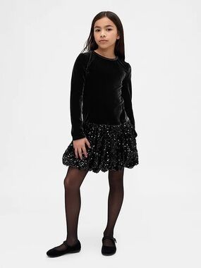 GAP Black Velvet Long-Sleeve Sequin Bubble Hem Dress